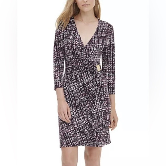Calvin Klein Womens Printed 3/4 Sleeve Faux Wrap Dress Pink Multi Small 4 Office - Picture 1 of 11